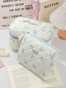 1pc Blue Bow Knot Large Capacity Handheld Makeup Bag, Minimalist Style Multi-Functional Cosmetic Bag, Travel Makeup Organizer, Women's Clutch Bag, Zipper Aesthetic Travel Toiletry Bag, Pen Case, Makeup Tool Storage Bag, Women's Gift, Travel Essential - Baby Blue - View 5