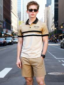 两件套青少年男童条纹Polo衫和配套休闲短裤套装，精致廓形，兼具正式感和舒适感，展现都市风范。