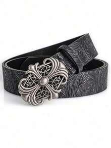 1pc Vintage Style Unisex Belt - Fashionable Black Faux Leather Belt With Retro Hollow Buckle - Punk Rock Y2K Style Belt, Suitable For Jeans, Dresses And Casual Wear - 黑色 - 查看 5