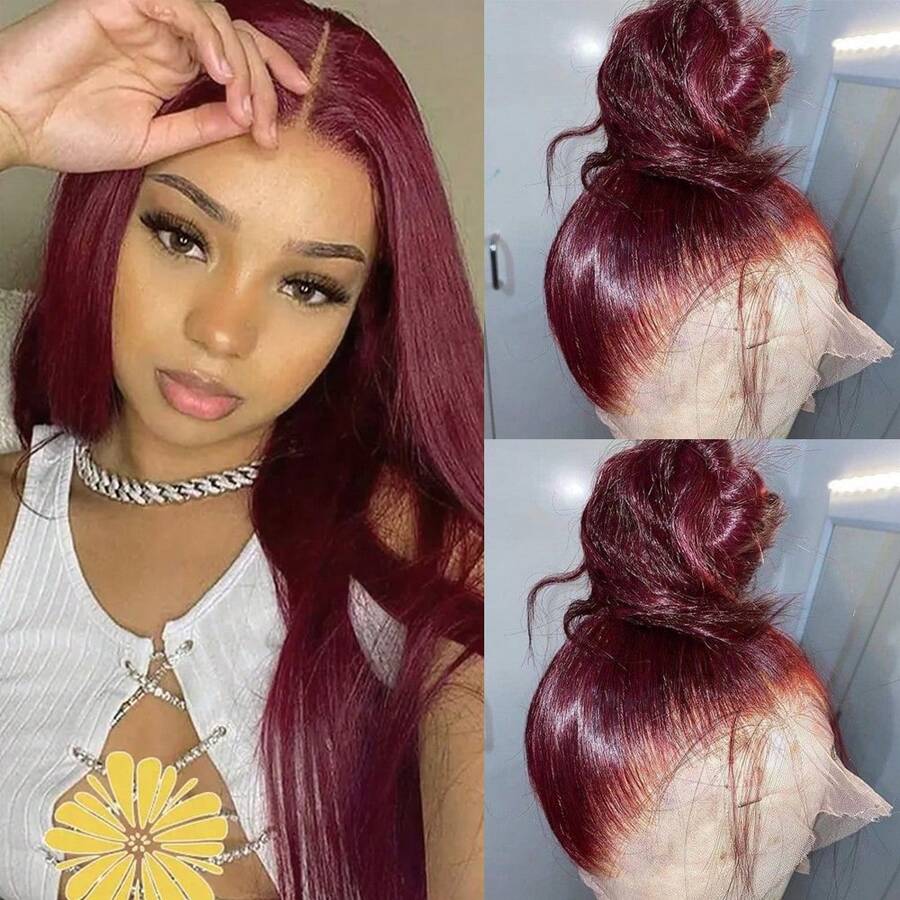 Purple Color Lace Front Wigs Pre Plucked Hairline Long Straight Wigs For Fashion Women Girls Party Daily Wear Glueless Dark Purple Lace Front Synthetic Wigs 13x4 Free Part Heat Resistant Fiber Hair 28 Inch 180% Density - 酒紅色 - 查看 1