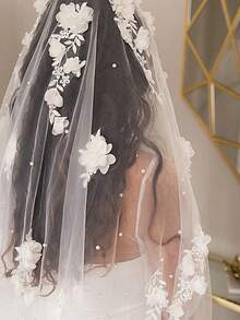 1pc Handmade Floral Beaded Cathedral Bridal Veil, Suitable For Wedding, Photography Props, Short Registry Office Veil With Hair Comb - Beige - View 13