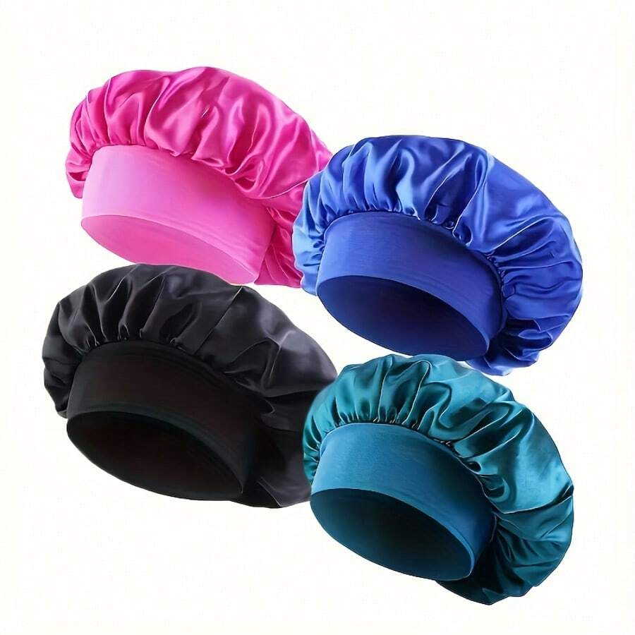 4 piezas Gorro de satén extra grande de moda para mujer con banda elástica - Suave y Liso, Adecuado para cabello rizado y liso, Adecuado para uso diario y deportes
