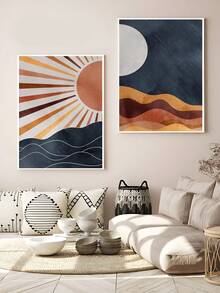 Sun And Moon Print Set Of 2, Boho Mid Century Modern Sunset Poster, Bohemian Gallery Artwork, Neutral Wall Art, Celestial Sun And Moon Prints, Boho Eclectic Home Decor, Aesthetic Room Decor, Festival Gifts,Bedroom Decor, Living Room Decor, Office Decor, Kitchen Decor, Wall Arts, Wall Decor, Home Decor, Room Decor, Canvas Wall Art, Posters, Frameless - Multicolor - View 4