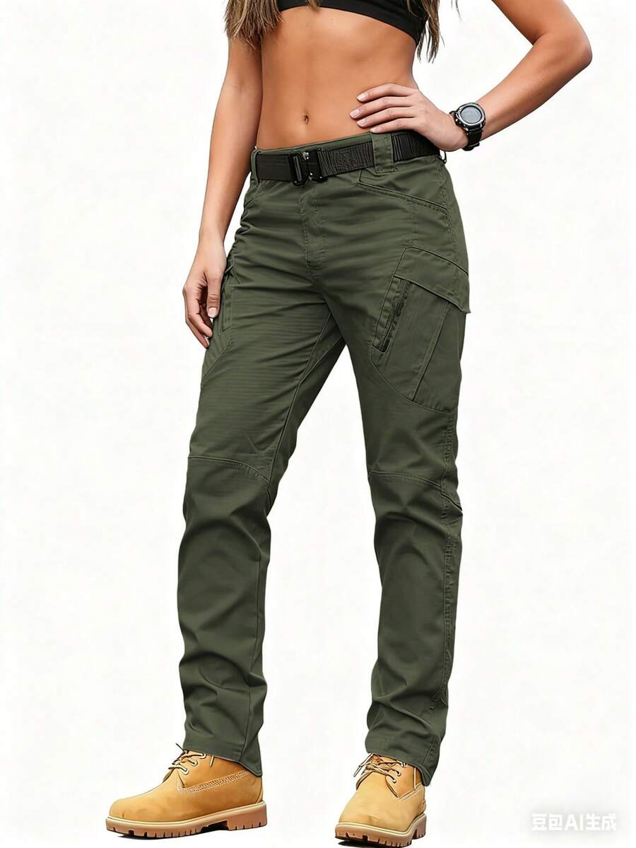 Streetwear Casual Commute Pocket Work Pants Lightweight Wide Leg Waist Cinched Travel Pants, Black Work Pants, Multifunctional Pockets, Outdoor Casual Loose Fit, Breathable Material, Suitable For Outdoor Enthusiasts - 綠色 - 查看 1