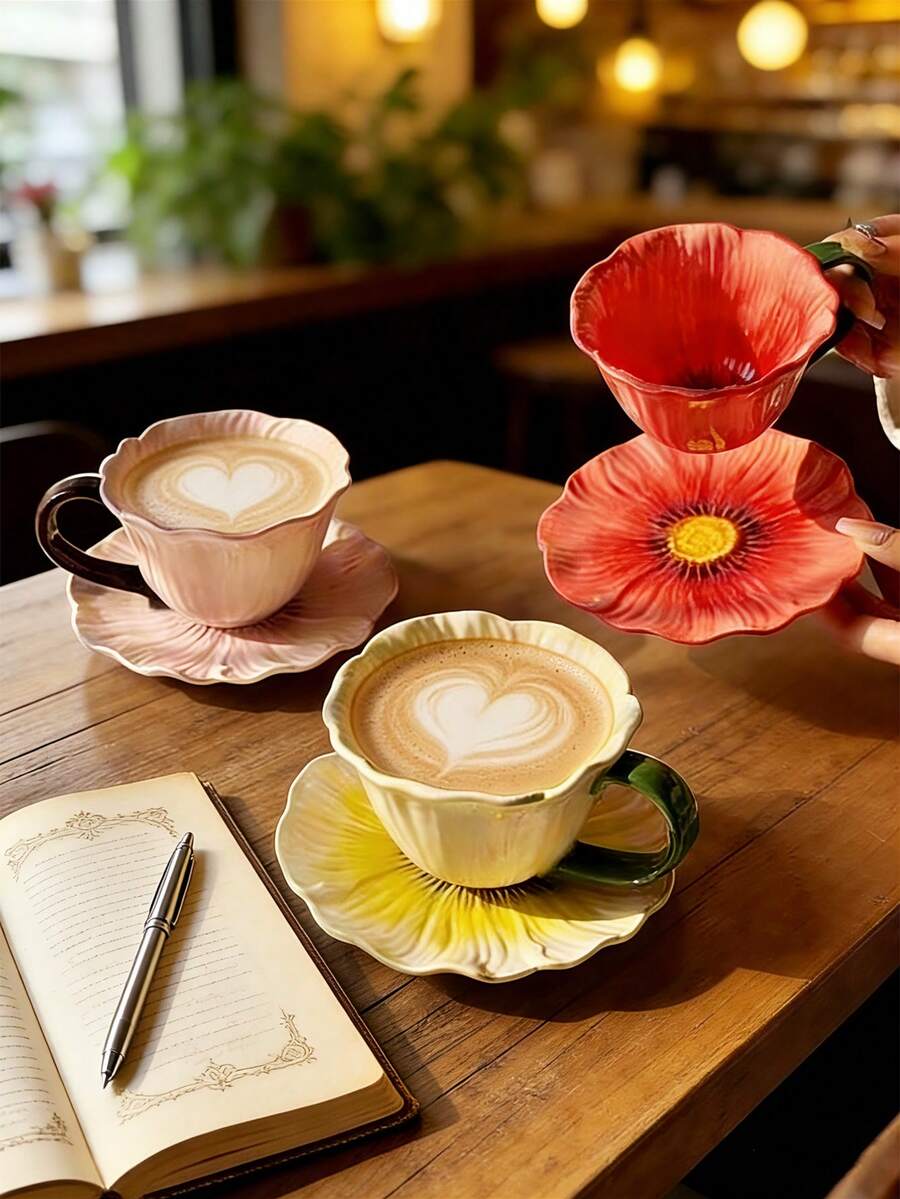 1 Set French Ceramic Cup, Baking Tray, High-Quality Water Cup, Tulip Tray Design, Coffee Cup & Saucer Set, Tea Cup & Plate - Flower Cup 4 Colors - View 1