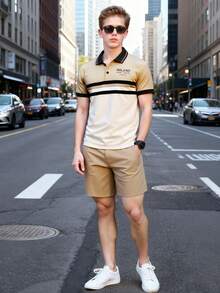 两件套青少年男童条纹Polo衫和配套休闲短裤套装，精致廓形，兼具正式感和舒适感，展现都市风范。