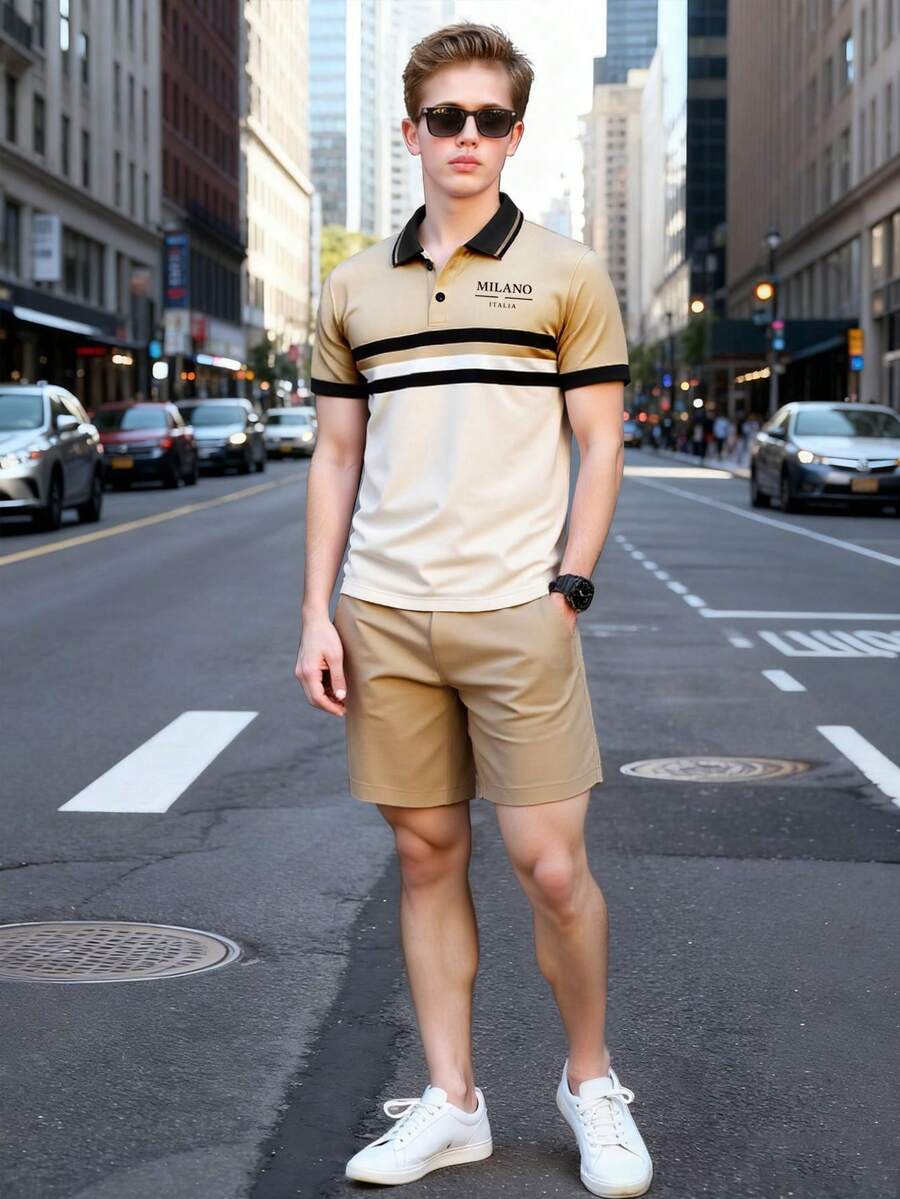 两件套青少年男童条纹Polo衫和配套休闲短裤套装，精致廓形，兼具正式感和舒适感，展现都市风范。