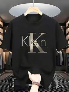 [Sporty T-Shirt]New Style Klein Letter Pattern Print Men'S T-Shirt, Sporty And Comfortable. Creative Design Suitable For Both Men And Women, Casual Men'S Sports T-Shirt, Solid Color Print T-Shirt.Relaxed Plus Size T-Shirt - 黑色 - 查看 2