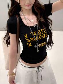 Women's U-Neck Short-Sleeve T-Shirt American Hot Girl, Summer New Letter Print, Slim-Fit Fashionable Cropped Top - Black - View 1