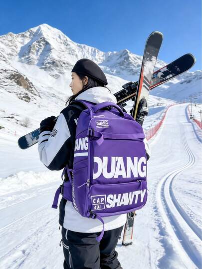 Neon Yellow Oversized Aesthetic High-Vis Ski Backpack, Large Capacity Sports Snow Gear Bag With "DUANG" Graphic Print, Water-Resistant Fabric For Ski Trips, Snow Sports, Outdoor Activities, Travel