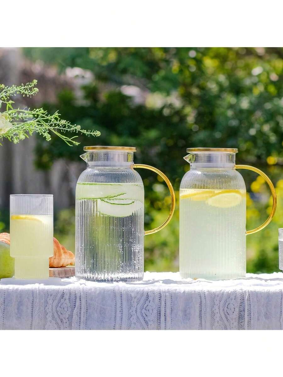 LOVEWE 2pcs Glass Pitcher Set With Lid, 68oz Classic Vertical Stripes Water Pitcher, For Cold Brew, Coffee, Lemonade, Iced Sun Tea, Beverage, Heat Resistant. Making It The Top Choice For Gifts During Christmas, Halloween And Thanksgiving., Iced Tea Dispenser, Striped Glass Design, Premium Drink Dispenser, Highquality Pitcher, Drink Dispensing Set, Glass Carafe Set, Coffee Enthusiasts, Tea Lovers - 2件-透明 - 查看 1