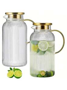 LOVEWE 2pcs Glass Pitcher Set With Lid, 68oz Classic Vertical Stripes Water Pitcher, For Cold Brew, Coffee, Lemonade, Iced Sun Tea, Beverage, Heat Resistant. Making It The Top Choice For Gifts During Christmas, Halloween And Thanksgiving.,  Iced Tea Dispenser, Striped Glass Design, Premium Drink Dispenser, Highquality Pitcher, Drink Dispensing Set, Glass Carafe Set, Coffee Enthusiasts, Tea Lovers - 2件-透明 - 查看 9