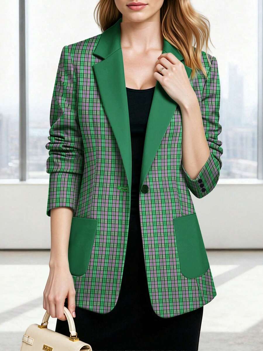 HOMEYEE Blazer Collar Long Sleeve Printed Casual Elegant Versatile Business Commute Jacket, Suitable For All Seasons - Green - View 1