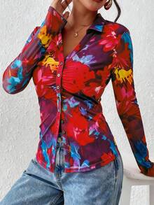 Women Button Down Floral Shirts  Fall Long Sleeve V Neck Ruched Fitted Mesh Blouse Tops Date Outfits Valentine's Day Vacation Fall Clothes For Women - 番紅大花 - 查看 4