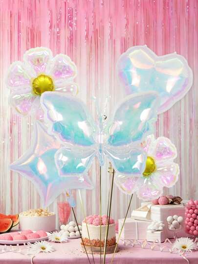 5pcs Colorful Butterfly Balloon Set, Includes Iridescent Transparent Butterfly, Iridescent Heart, Iridescent Daisy, Iridescent Pentagram, Suitable For Birthday, Iridescent Party, Home Decor, Indoor/Outdoor Decoration
