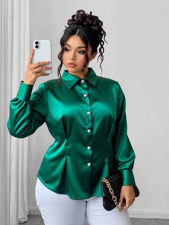 大码缎面彩色缎面领衬衫，优雅长袖纽扣衬衫，女士大码服装