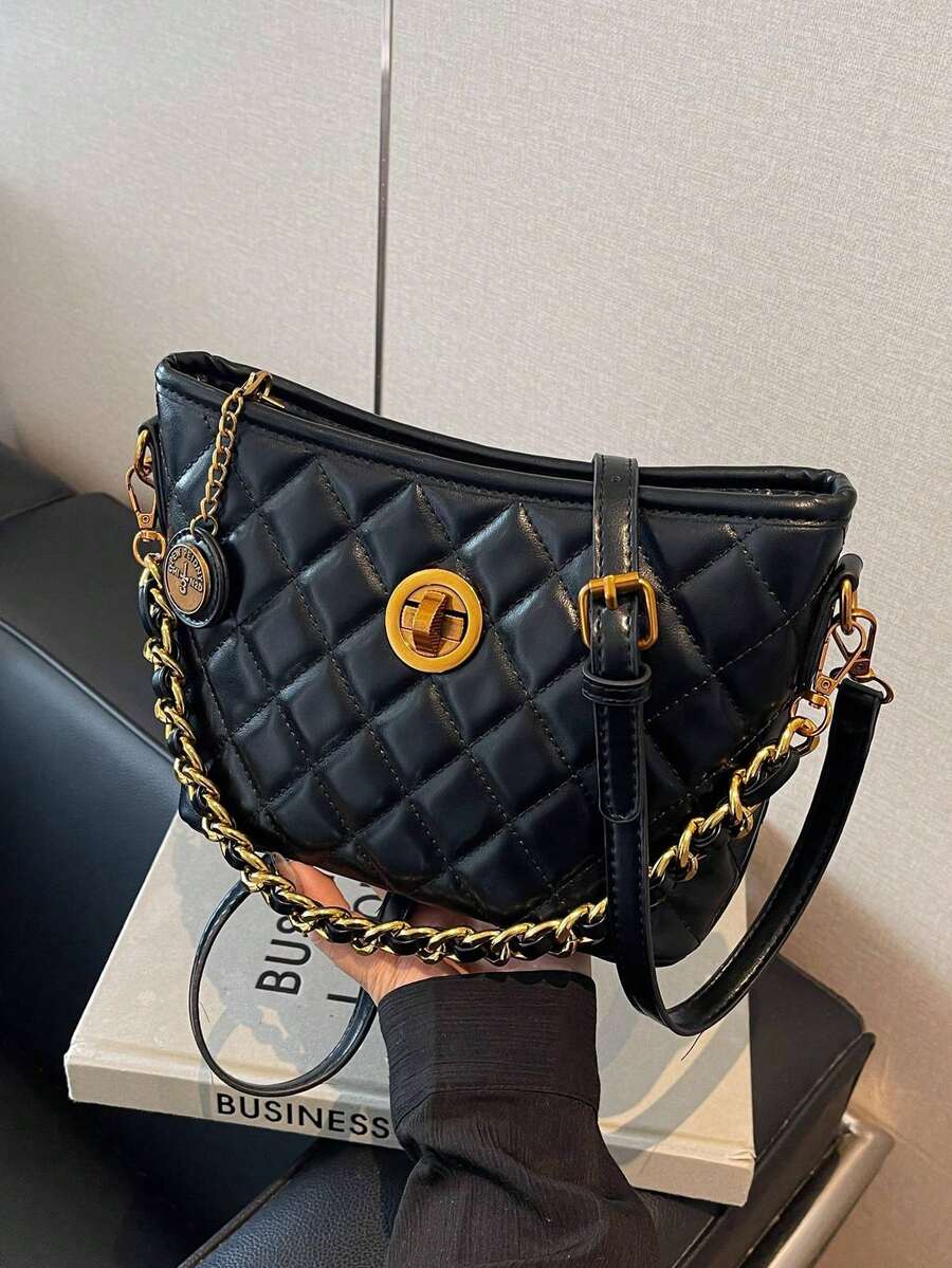 Large Capacity Commuter Chain Shoulder Bag, New Design With Luxurious Feel, Quilted Tote Bucket Bag For Women - Black - View 1