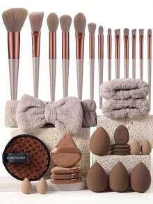 33/20/13/12pcs Brown Makeup Brush Set, Makeup Tool Kit: Includes 13pcs Brown Makeup Brushes, Powder Puff And Makeup Sponges. Different Types Of Brushes Can Achieve Precise Makeup. Daily Makeup Set, Travel Makeup Set, Includes Makeup Brushes, Sponges, Headband And Makeup Bag - Essential Cosmetic Set. Designed For Women, Convenient For Travel, Also A Practical Makeup Accessory. Great Valentine's Day Gift. - Multicolor - View 1