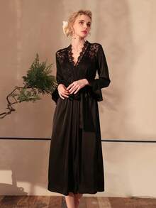 1pc Satin Silk Blend Robe, Women Sexy Lace Pattern Lightweight Luxurious Long Sleeve Sleepwear Loungewear - Multicolor - View 2