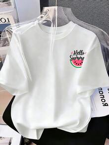 Tween Girls' Watermelon Letter Print Round Neck Casual Loose Short Sleeve T-Shirt - White - View 3