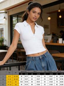 Spring And Summer New POLO Collar Button Short-Sleeved Tight Sports Waisted Versatile Tops Long Sleeve Tops Tops De Mujer Elegantes - trắng - Xem 6