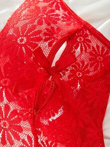 Women's Sexy Lace Open Back Crotchless Bodysuit For Going Out, Baddie Look - Red - View 4