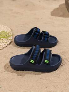 1 Pair Kids/Toddlers EVA Fashion Casual Summer Outdoor Wear Comfortable Soft Bottom Open Toe Beach Sandals, Hook And Loop Lightweight Slide Slippers - Blue - View 5