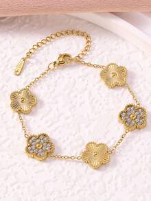 1pc Stainless Steel Fashionable Chic 5-Petal Flower Laser Bracelet For Women - Five-leaf Flower Diamond Bracelet - View 10