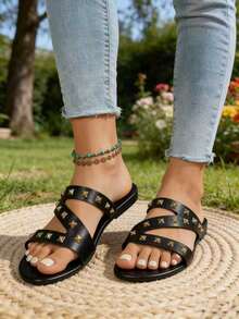 1 đôi sandal thời trang nữ, kiểu dáng chữ Z với đinh tán rỗng trang trí, thoải mái, thoáng khí, mũi tròn, thích hợp cho đi biển, nghỉ lễ, dự tiệc và mặc hàng ngày. - màu đen - Xem 12