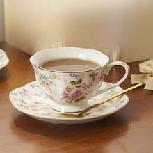 Gold Trimmed Bone China Coffee Cup & Saucer Set, Spring Floral Pattern, Premium Afternoon Tea Cup & Saucer