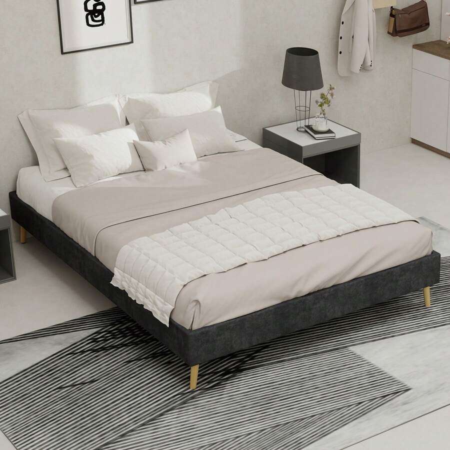 Modern Minimalist Bed Frame, 140 X 200 Cm, Grey, Upholstered In Dutch Velvet, Low Slatted Base, Contemporary Style Bedroom Furniture. Gas Spring, Headboard And Mattress Not Included. - Gray + Fabric + Metal + Memory Foam - View 1