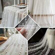 1pc Pearl Tulle Fabric, Suitable For Wedding Tablecloth, Dessert Table Decor, Cake Photography Backdrop, Curtain Prop, Bridal Headpiece, Fairy Style, White Hollow Mesh - Beige - View 3