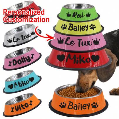 Tazón de perro personalizado de acero inoxidable, con nombre personalizado, tazón de alimentación para mascotas, disponible en múltiples colores, patrones y tamaños