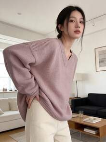 Màu thuần Cổ chữ V Mô hình Tay áo dài Áo len - Màu tím hoa cà - Xem 2