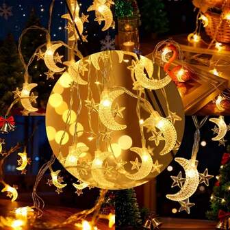 1 pieza Luces de hadas con forma de luna creciente y 3 estrellas para el Ramadán y el Eid - Luces LED con pilas colgantes para decoración del hogar, fiesta y dormitorio en festividades islámicas