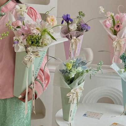 5个/套创意手工花束礼品袋 - 白色、粉色、绿色、黄色、紫色、蝴蝶主题，适用于情人节、母亲节、教师节DIY手工材料、花店包装用品