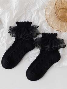 5 Pairs Girls' Black Ruffle Edge Mesh Breathable Socks, Princess Socks For School, Dance, Birthday Gift, Spring/Summer - Black - View 3