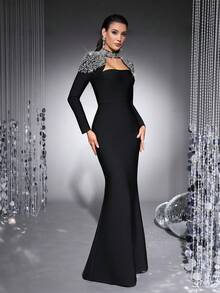 Elegant Women's Black Luxury Crystal Long Formal Evening Gown, High Neck Long Sleeve Mermaid Tie Waist Dress, Perfect For Formal Dinners, Weddings, Cocktail Parties, Red Carpets, Celebrity Events Party Spring - Black - View 1