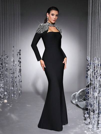 Elegant Women's Black Luxury Crystal Long Formal Evening Gown, High Neck Long Sleeve Mermaid Tie Waist Dress, Perfect For Formal Dinners, Weddings, Cocktail Parties, Red Carpets, Celebrity Events