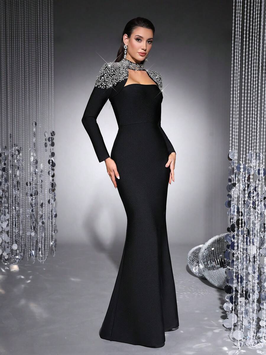 Elegant Women's Black Luxury Crystal Long Formal Evening Gown, High Neck Long Sleeve Mermaid Tie Waist Dress, Perfect For Formal Dinners, Weddings, Cocktail Parties, Red Carpets, Celebrity Events Party Spring - Black - View 1