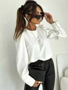 女士优雅纯色圆领缎面长袖衬衫，适合约会、日常穿着，白色，春季款 - 白色 - 查看 2