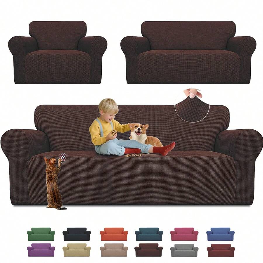 AMOROSA 3 Piezas Fundas Elásticas para Sillones Sala(1 plaza,2 plazas,3 plazas)Cubre Sillones para Sala,Cubiertas para Sillón Antideslizante y Resistente Lavable Fácil de Instalar Suave al Tacto y Resistente a la Suciedad Ideal para Salones Dormitorios Oficinas-Cafe