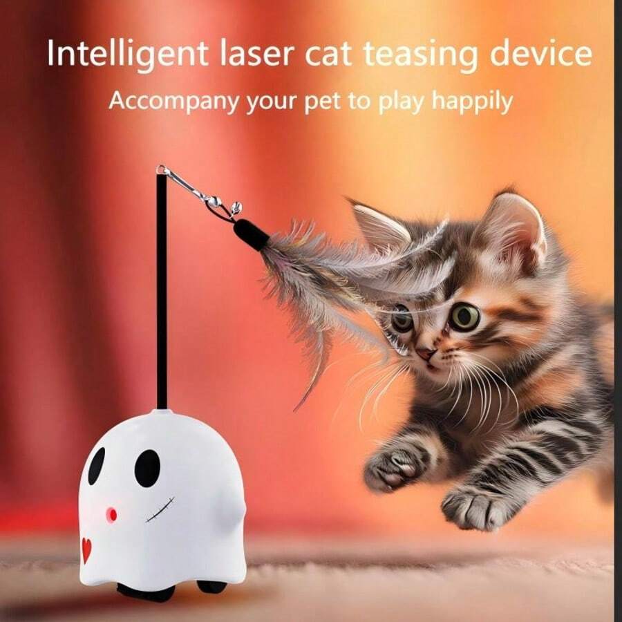 新款智能逗猫玩具，懒人造型带羽毛猫玩具，可自娱自乐，激发追逐乐趣，采用耐用材料制成，可自动360°旋转避开障碍物