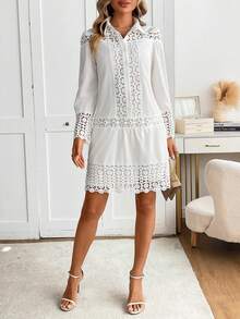 女士休闲优雅蕾丝拼布白衬衫连衣裙搭配吊带裙 2 件套，春夏 - 白色 - 查看 6