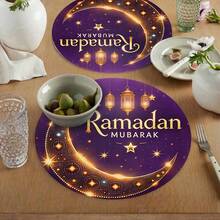 每包1/2/4/6/8/300片，豪华圆形斋月餐垫套装 - Mubarak 餐垫（伊斯兰餐具），饰有阿拉伯书法、新月和星形图案。尺寸：15*15英寸/38*38厘米。 - 彩色 - 查看 13