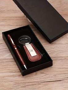 [Customized] 1 Set High-Quality Pen Gift And Brown PU Keychain Set, Can Customize Name, Anniversary, Corporate Slogan, Suitable For Corporate Employee Activities, Gifts For Family, Friends, Colleagues, Year-End Bonus - Multicolor - View 4