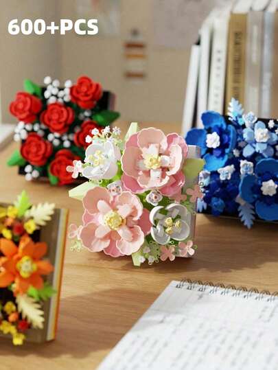 687pcs Flower Bouquet Building Blocks With Stand Holder And Surprise Box - Perfect For 14+ Adult Home Decor, Valentine's Day, Birthday Gifts, Gift For Lover, Friends, Family. Holiday Gift, Father's Day Gift, Mother's Day Gift, Wedding Gift, Wedding Decor, Graduation Gift