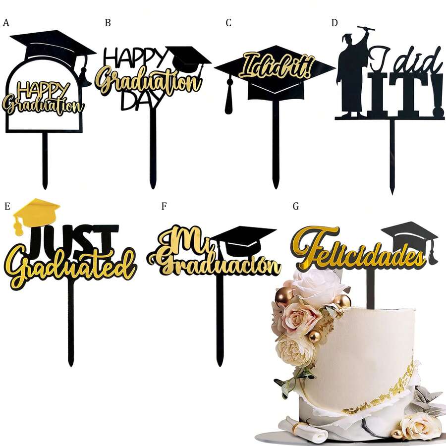 1pc/3pcs/6pcs Gold & Black 2026 Graduation Cake Topper, Suitable For Graduation Theme Party DIY Cake & Dessert Decorations - Multicolor - View 1