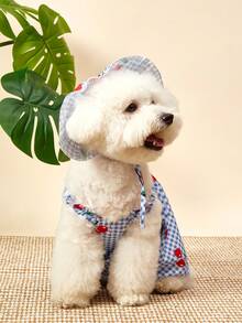 PETSIN Kitten & Puppy, Classic Blue Plaid With Cherry Print Hooded Dog Dress Set - Blue - View 6