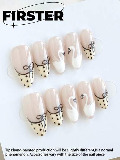 10 piezas de uñas postizas hechas a mano con almendra, uñas postizas medianas, arte de uñas, esmalte de uñas blanco, uñas simples para uso diario, uñas postizas de invierno, uñas brillantes, uñas con puntas francesas, uñas con lunares, accesorios para uñas, adecuadas para fiestas, celebraciones, uso diario, incluye herramientas, regalo ideal para mujeres y niñas